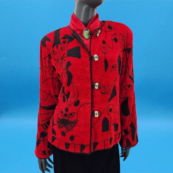 Vintage Black Cat Jacket Embroidered Red  Jacket Petite Large PL Allure Y2K Coat - Picture 2 of 10